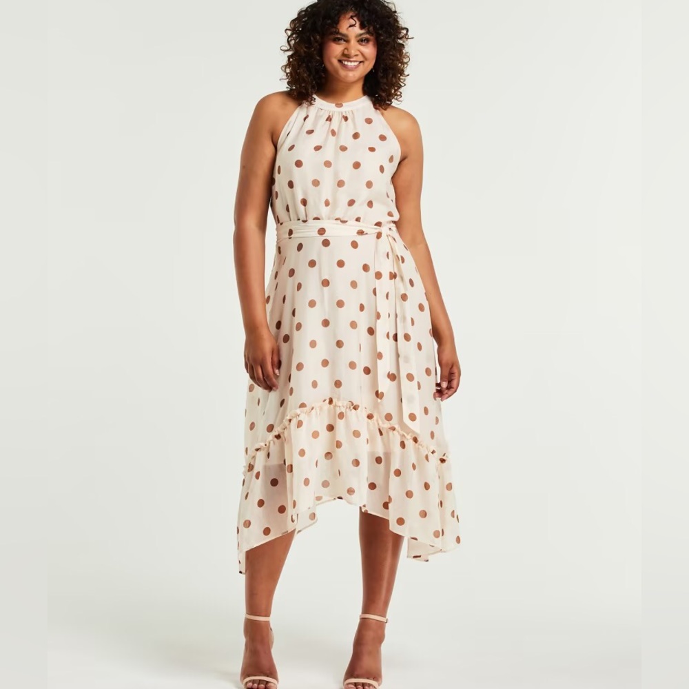 NWT Estelle Ella Dot Dress beige spot midi halter dress